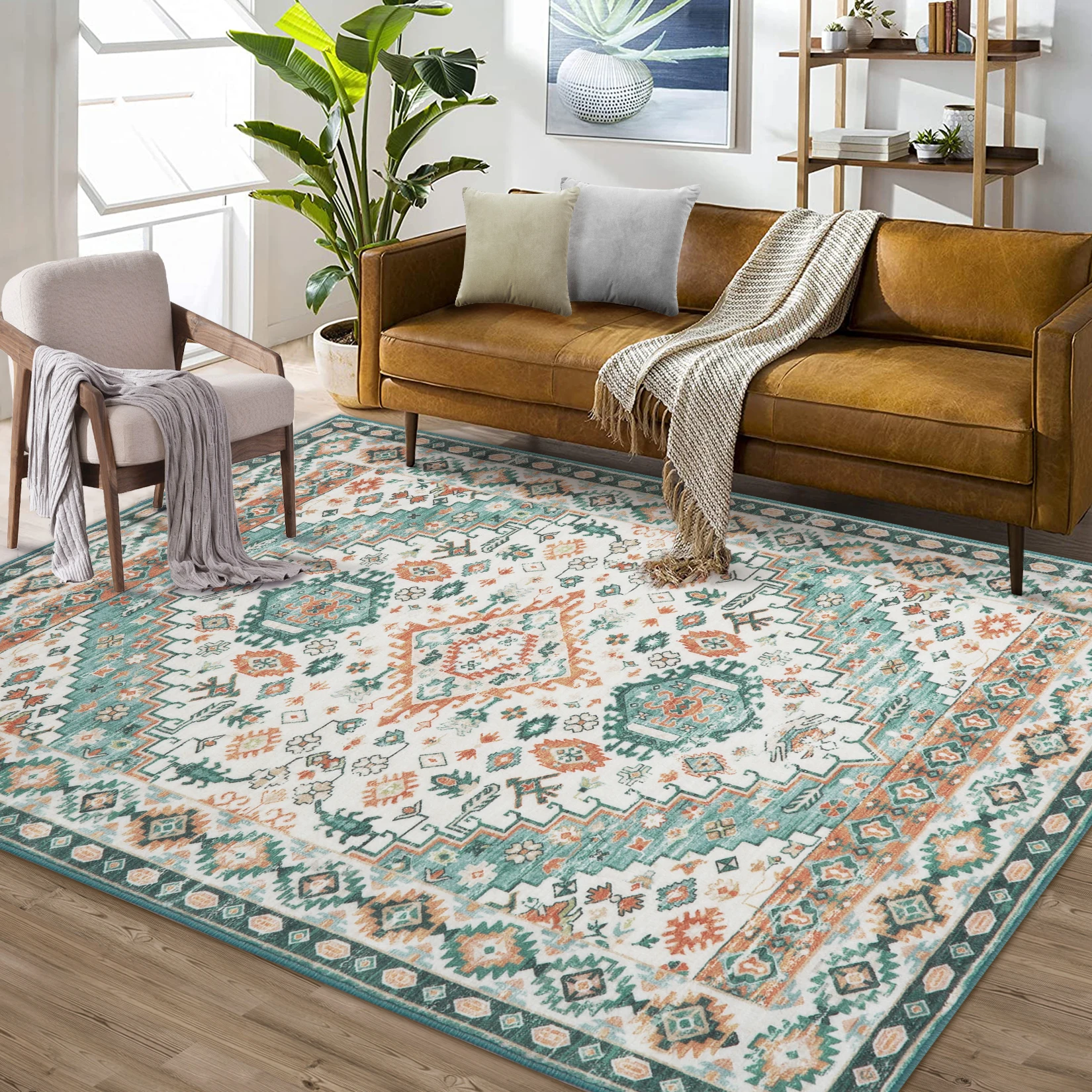 1.2x1.7m Vintage Rug Large Area Rug Non-Slip Non-Shedding Indoor Floor Rugs Low Pile Thin Rug for Bedroom Living Room Home Decor