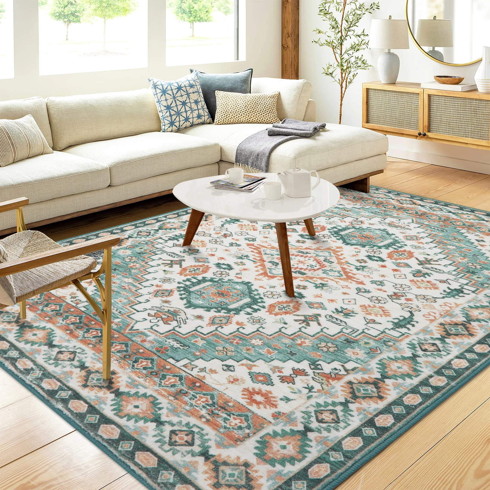 1.2x1.7m Vintage Rug Large Area Rug Non-Slip Non-Shedding Indoor Floor Rugs Low Pile Thin Rug for Bedroom Living Room Home Decor