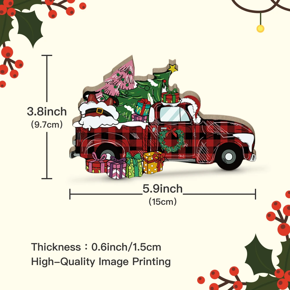 Putuo Decor Red Christmas Truck Element Wooden Table Decor, Merry Christmas, Decoration for Home Cafe Coffee Shop Bar Pub Club