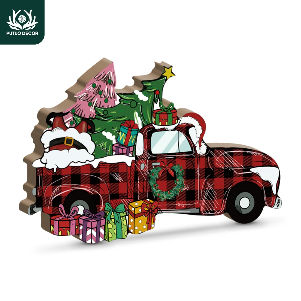 Putuo Decor Red Christmas Truck Element Wooden Table Decor, Merry Christmas, Decoration for Home Cafe Coffee Shop Bar Pub Club