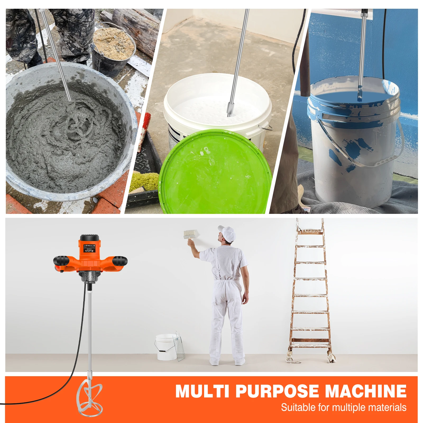 2600W Electric Concrete Mixer Paddle Plaster Mixer for Mortar Grouts Paint Cement 6 Speed with 2m Cable M14