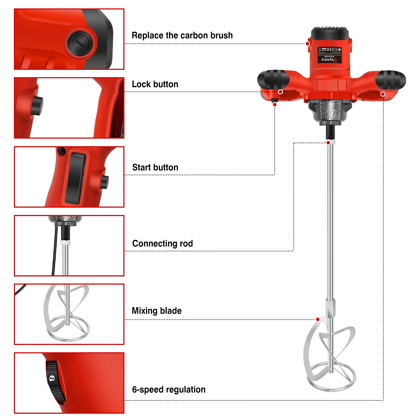 2600W Electric Concrete Mixer Paddle Plaster Mixer for Mortar Grouts Paint Cement 6 Speed with 2m Cable M14