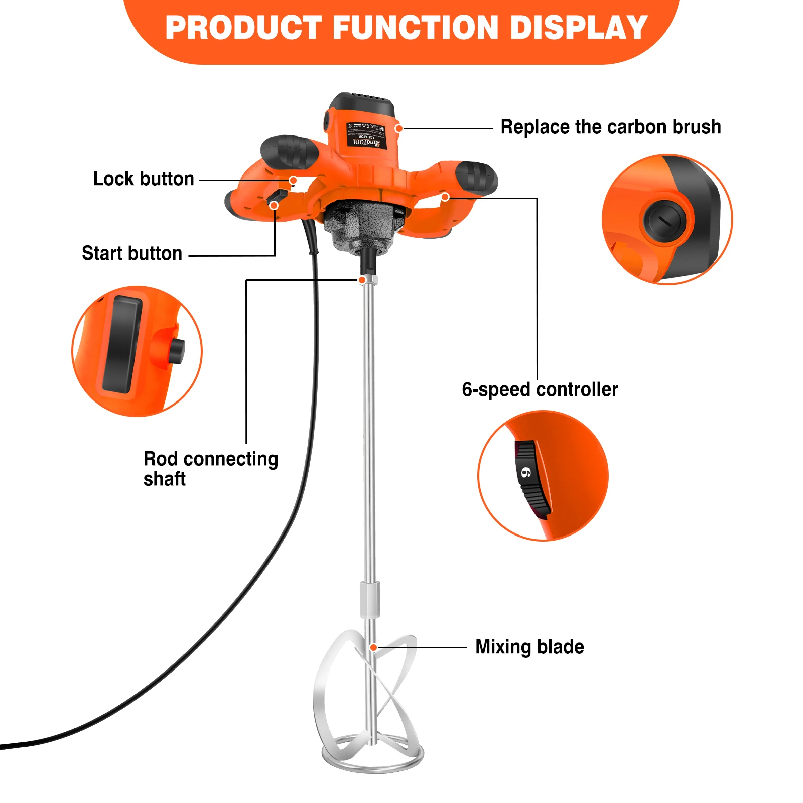 2600W Electric Concrete Mixer Paddle Plaster Mixer for Mortar Grouts Paint Cement 6 Speed with 2m Cable M14