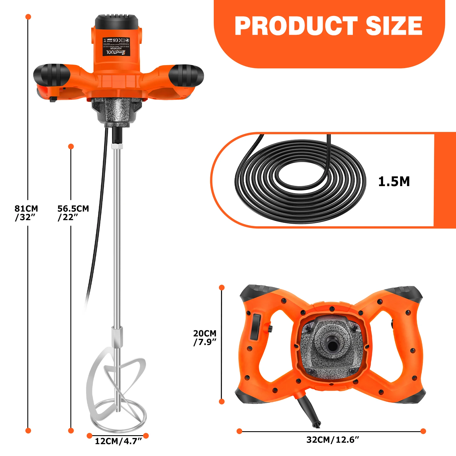 2600W Electric Concrete Mixer Paddle Plaster Mixer for Mortar Grouts Paint Cement 6 Speed with 2m Cable M14