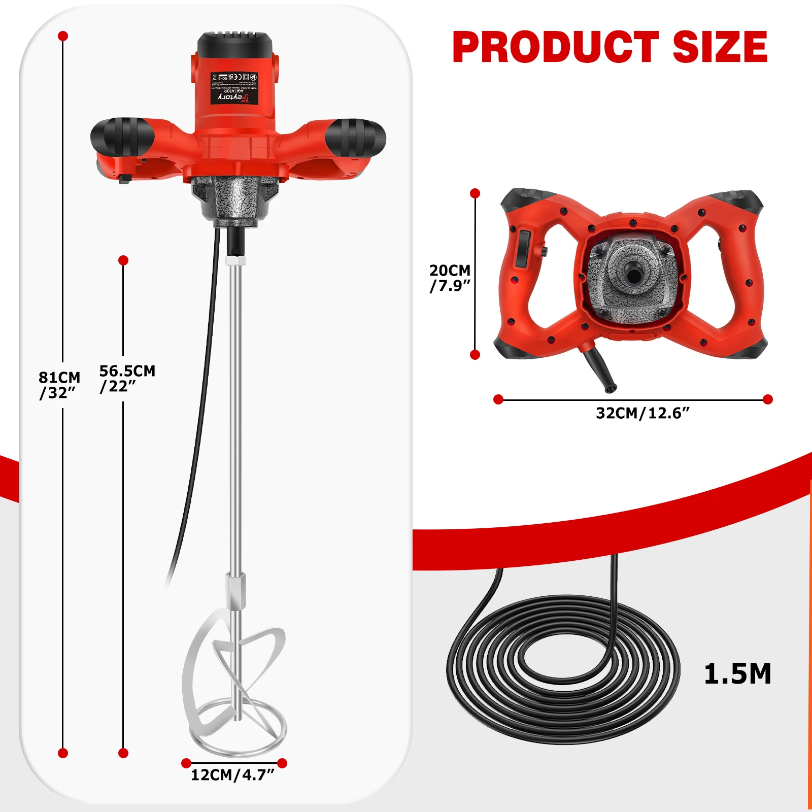 2600W Electric Concrete Mixer Paddle Plaster Mixer for Mortar Grouts Paint Cement 6 Speed with 2m Cable M14