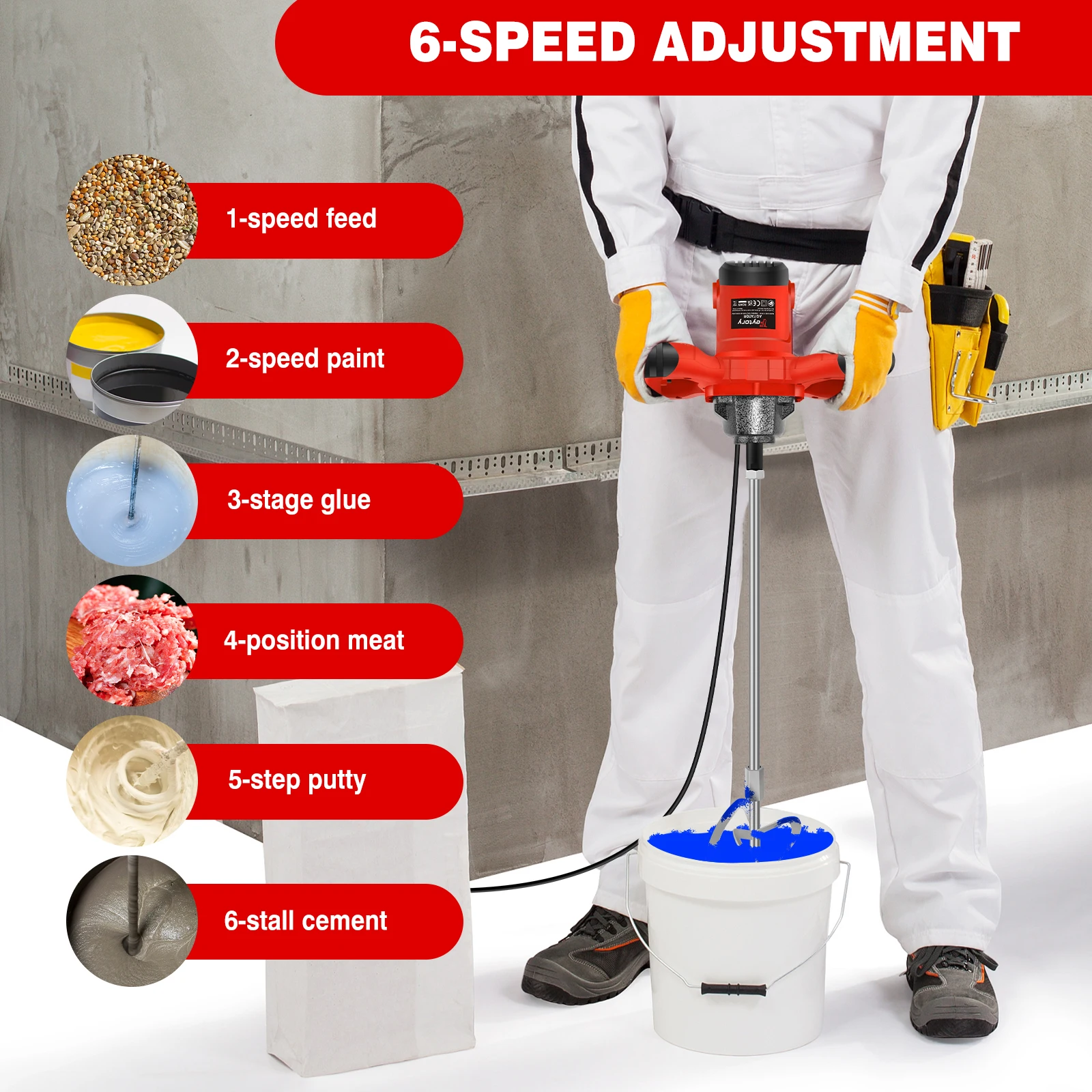 2600W Electric Concrete Mixer Paddle Plaster Mixer for Mortar Grouts Paint Cement 6 Speed with 2m Cable M14