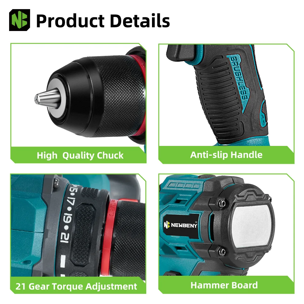 NEWBENY 10MM 3000W Brushless Electric Drill 21+2 Torque Cordless Multi-Screwdriver Home Power Tools Sets For Makita Battery Pin
