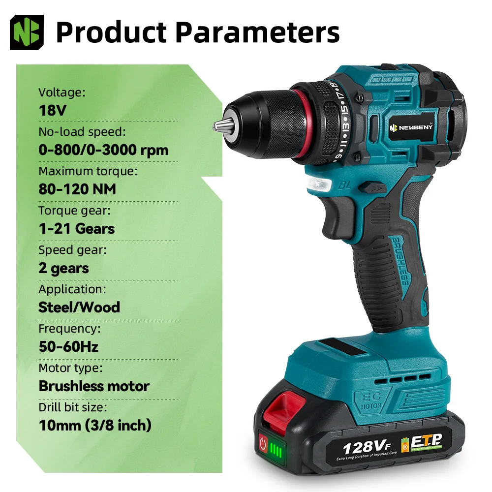 NEWBENY 10MM 3000W Brushless Electric Drill 21+2 Torque Cordless Multi-Screwdriver Home Power Tools Sets For Makita Battery Pin