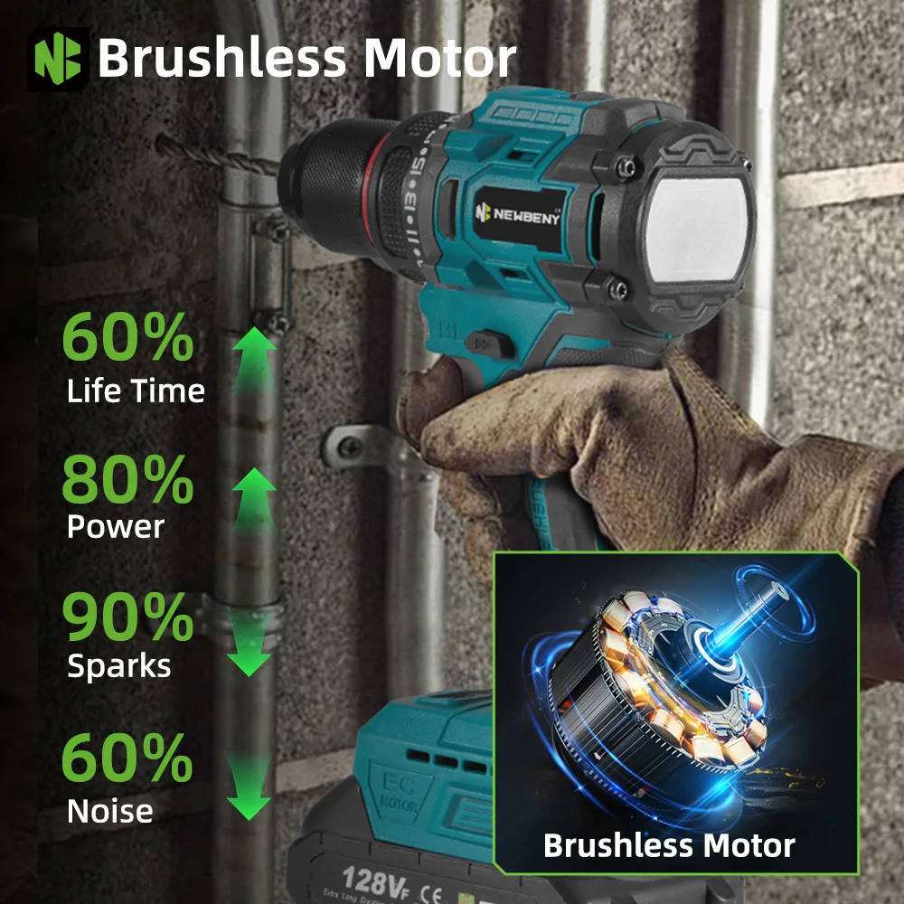 NEWBENY 10MM 3000W Brushless Electric Drill 21+2 Torque Cordless Multi-Screwdriver Home Power Tools Sets For Makita Battery Pin