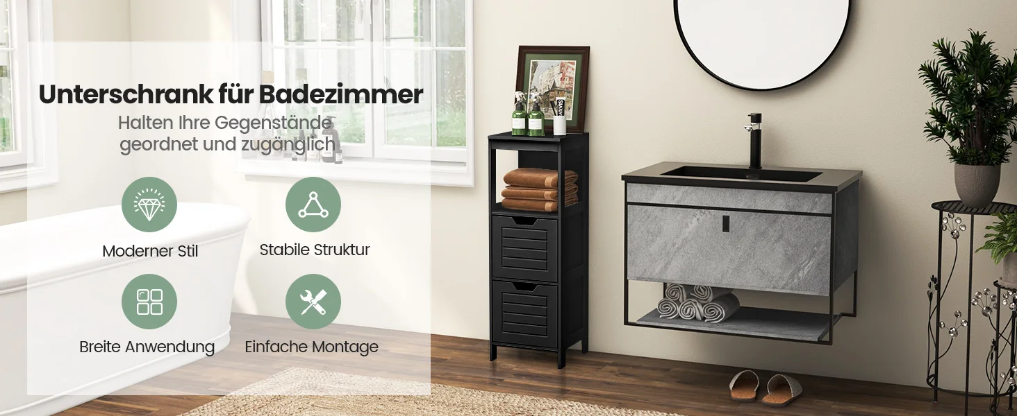 Bath chest of drawers with 2 Drawers, Bathroom wardrobe, Wood Bath wardrobe, living room bathroom Bath Shelf, Black, 30x30x89