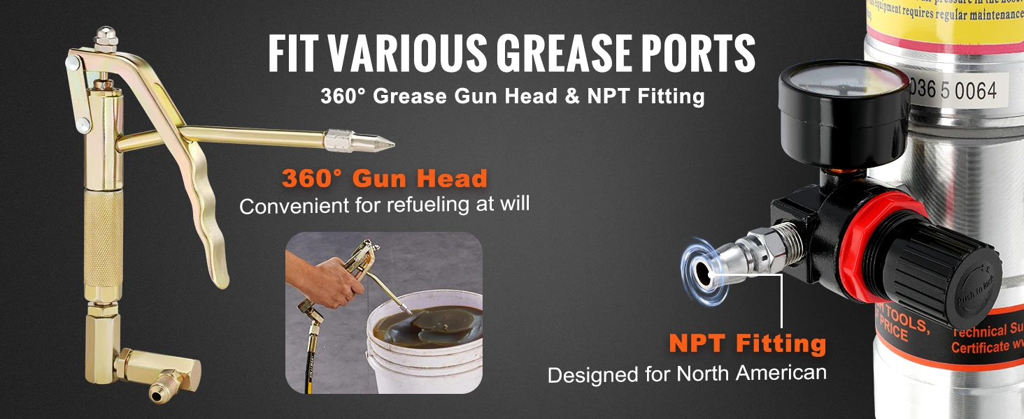 SucceBuy Pneumatic Grease Pump Air Operated with 13 ft High Hose 360° Swivel Grease Gun Head Lubrication 50:1 Pressure Ratio