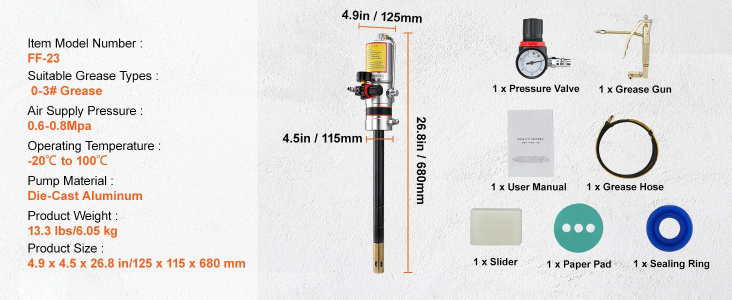 SucceBuy Pneumatic Grease Pump Air Operated with 13 ft High Hose 360° Swivel Grease Gun Head Lubrication 50:1 Pressure Ratio