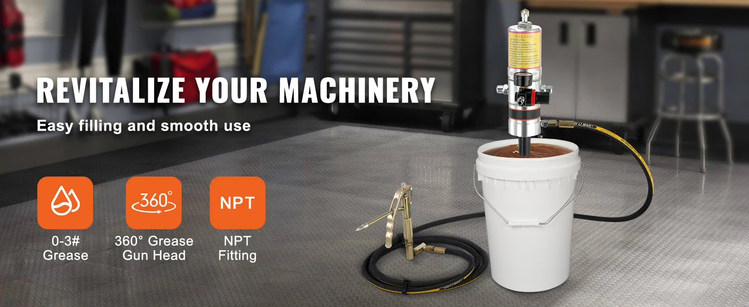 SucceBuy Pneumatic Grease Pump Air Operated with 13 ft High Hose 360° Swivel Grease Gun Head Lubrication 50:1 Pressure Ratio