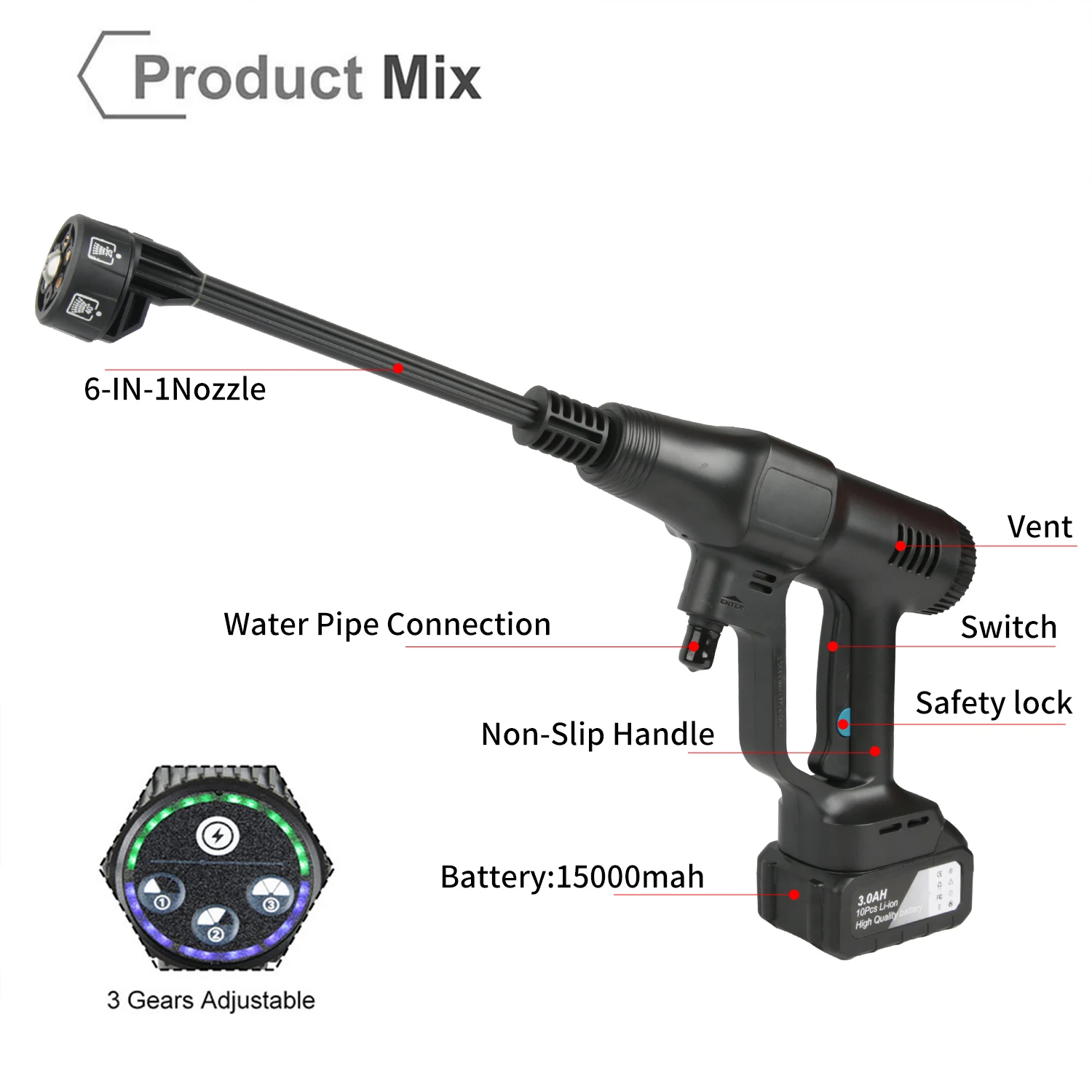 3500W 18V 200Bar Brushless High Pressure Car Wash Water Gun 6-IN-1 puzzle Cleaning Garden Washing Spray Gun With Battery