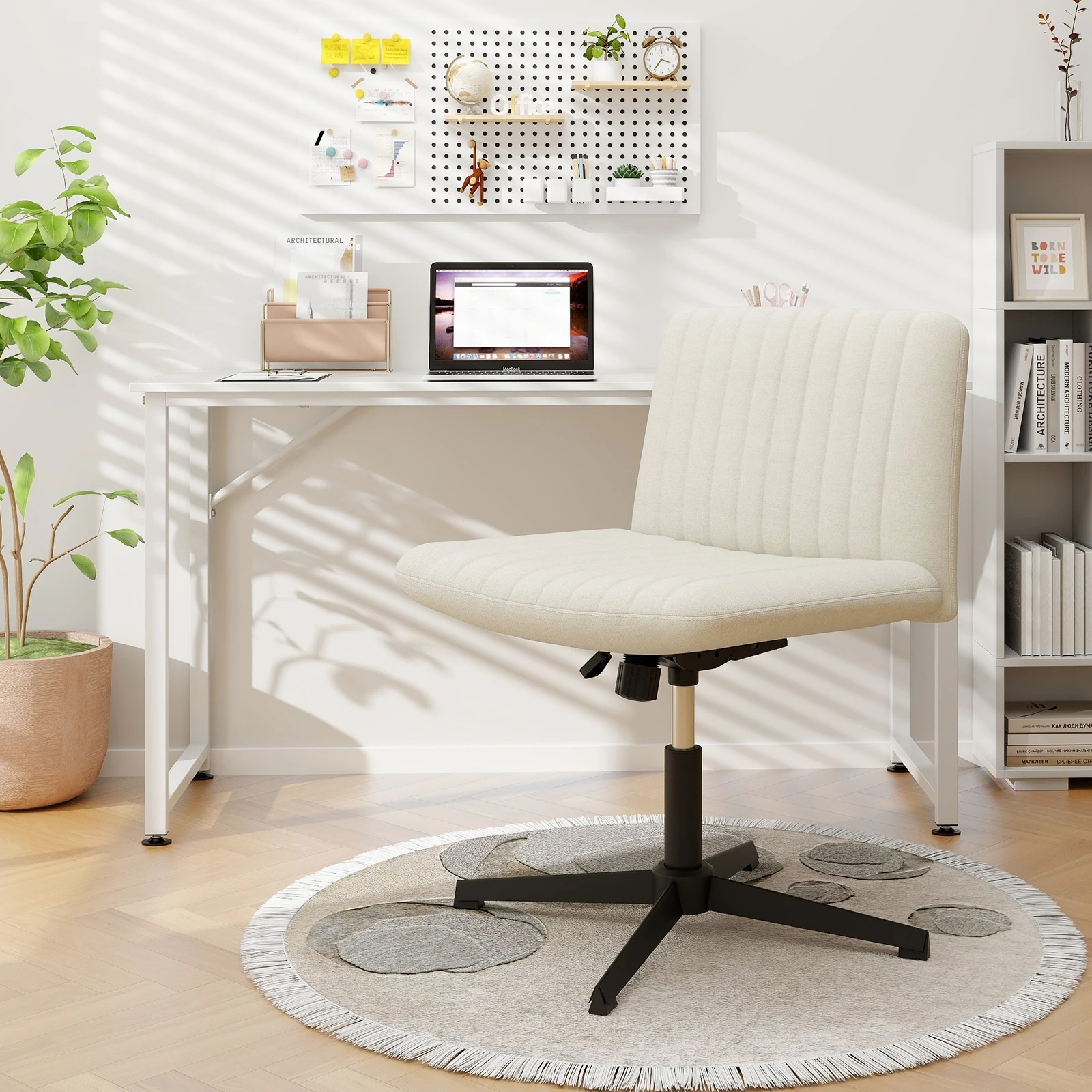 Seated chair, swivel chair without armrests, desk chair with wide seat, office chair with cross base