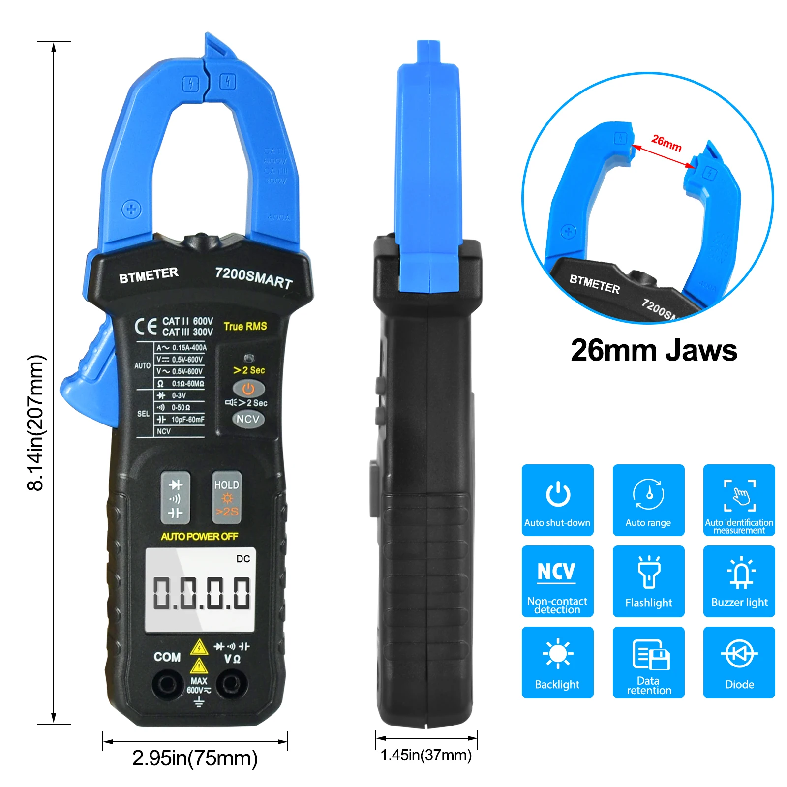 BTMETER BT-7200SMART Blue Clamp multimeter Tool AC/DC Voltage & Current Tester with Resistance, Capacitance, and NCV Detection