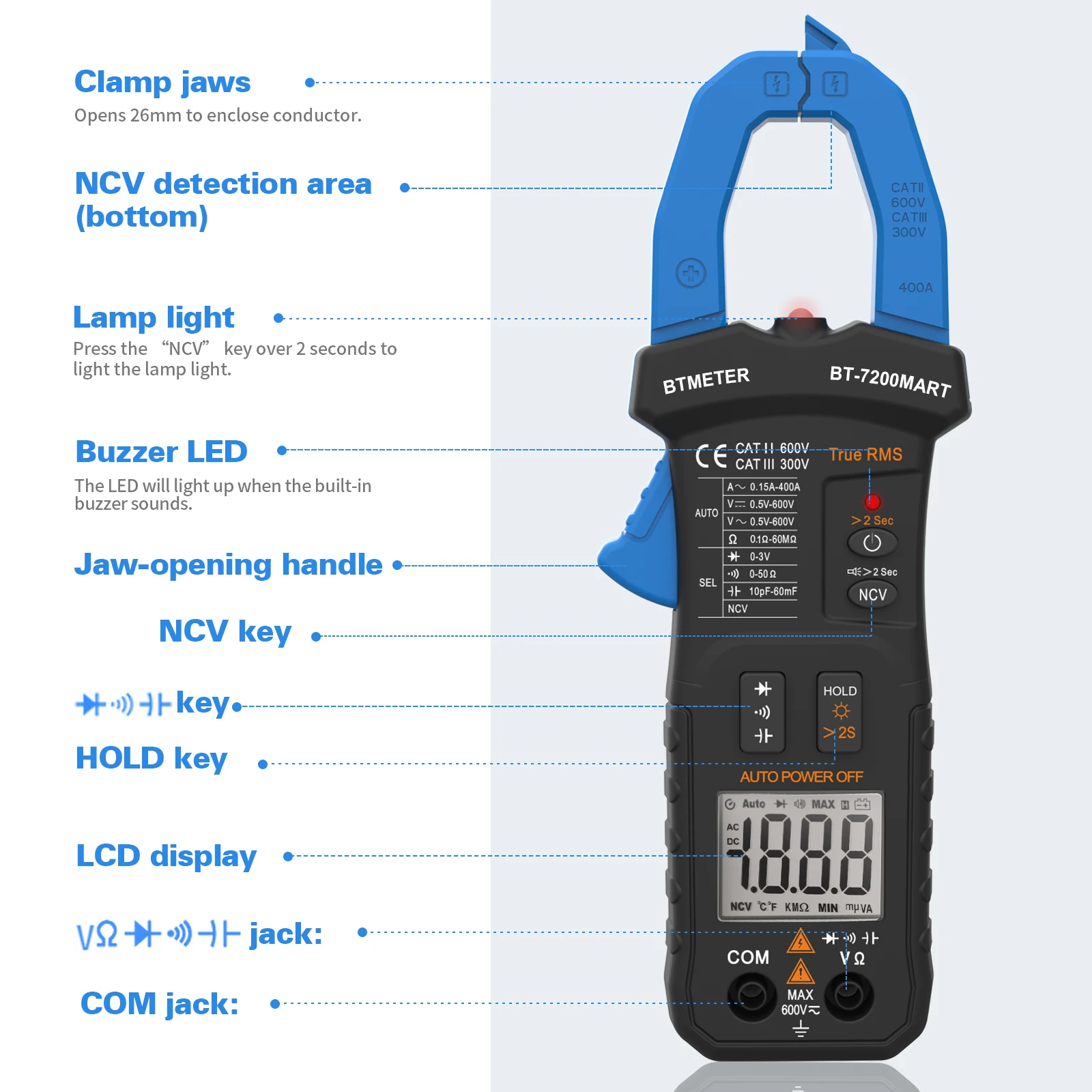 BTMETER BT-7200SMART Blue Clamp multimeter Tool AC/DC Voltage & Current Tester with Resistance, Capacitance, and NCV Detection