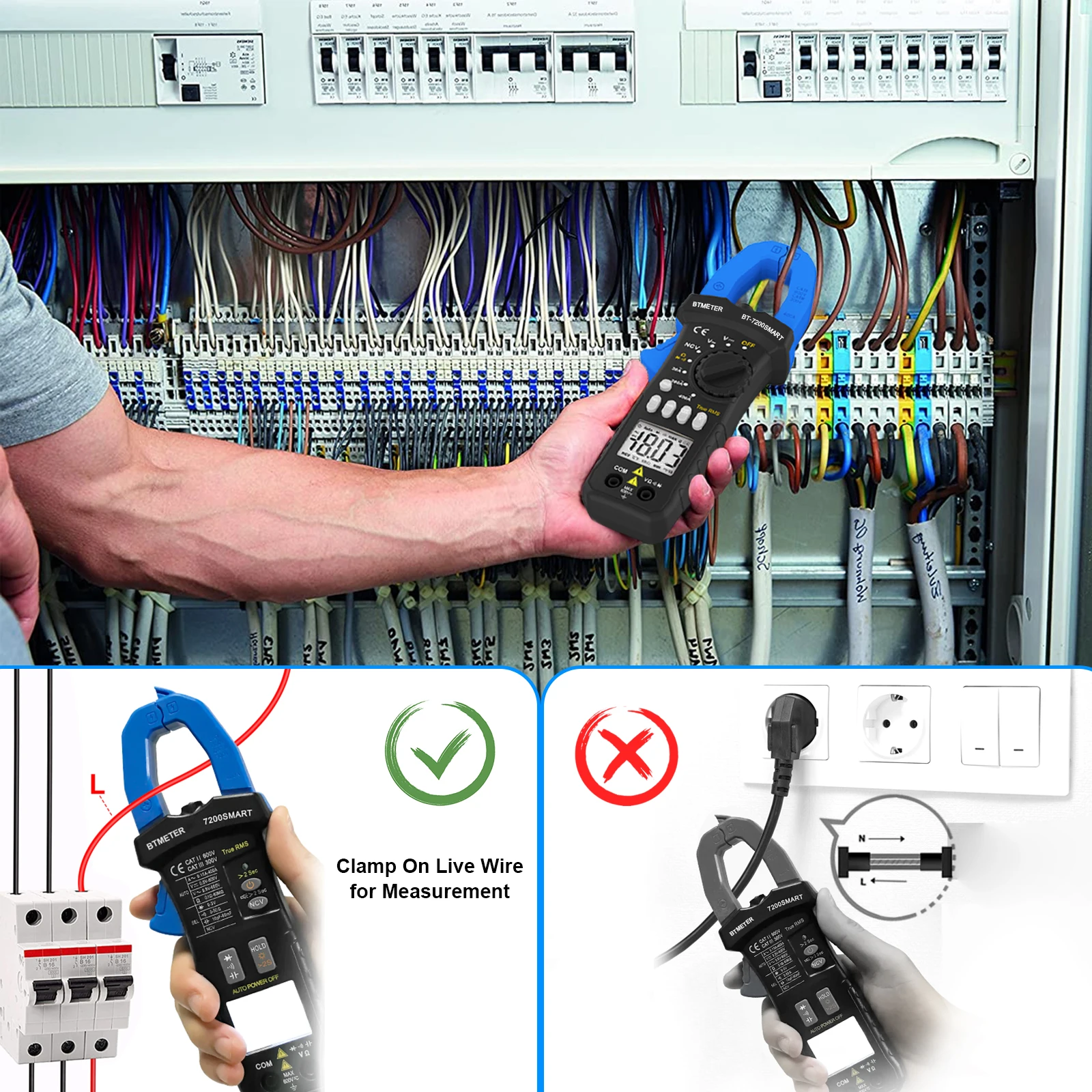 BTMETER BT-7200SMART Blue Clamp multimeter Tool AC/DC Voltage & Current Tester with Resistance, Capacitance, and NCV Detection