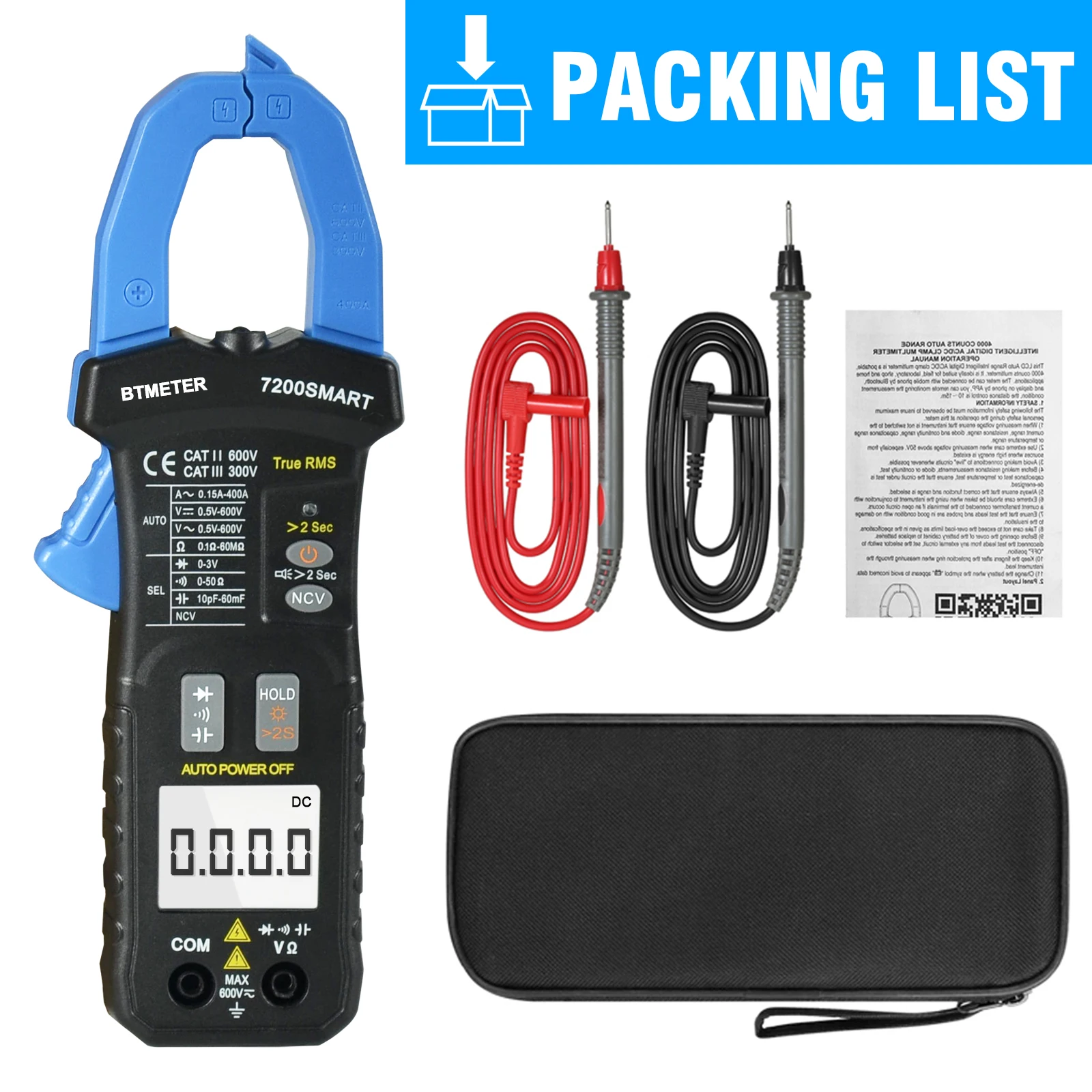 BTMETER BT-7200SMART Blue Clamp multimeter Tool AC/DC Voltage & Current Tester with Resistance, Capacitance, and NCV Detection