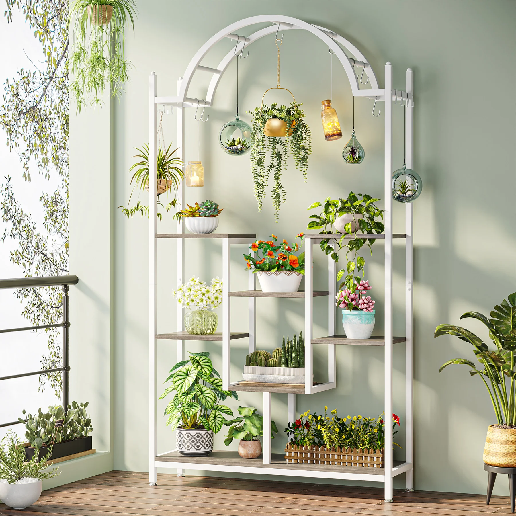 Tribesigns 5-Tier Tall Indoor Plant Stand, 74.8'' Arched Metal Flower Shelf with Hanging Hooks, Large Bonsai Pots Display Rack