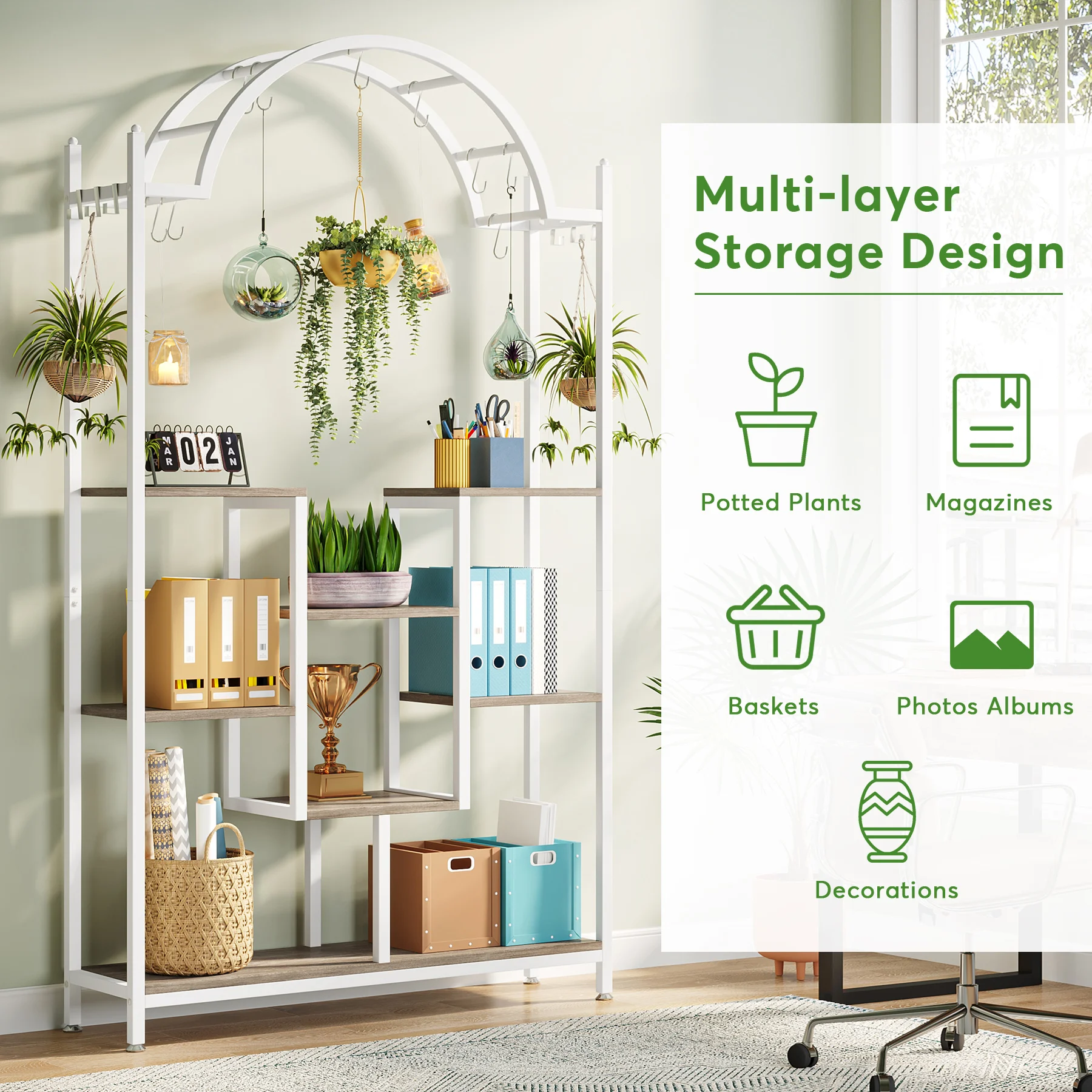 Tribesigns 5-Tier Tall Indoor Plant Stand, 74.8'' Arched Metal Flower Shelf with Hanging Hooks, Large Bonsai Pots Display Rack