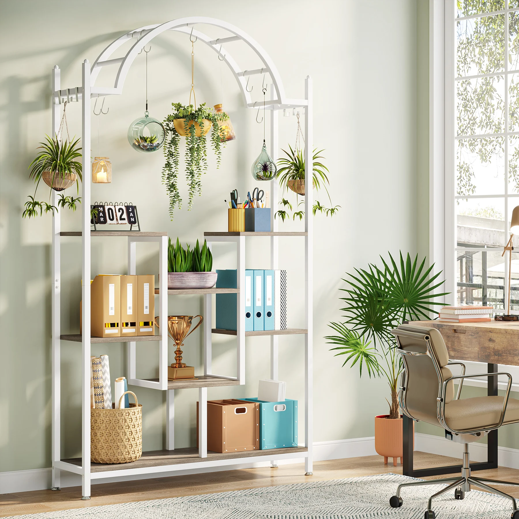 Tribesigns 5-Tier Tall Indoor Plant Stand, 74.8'' Arched Metal Flower Shelf with Hanging Hooks, Large Bonsai Pots Display Rack