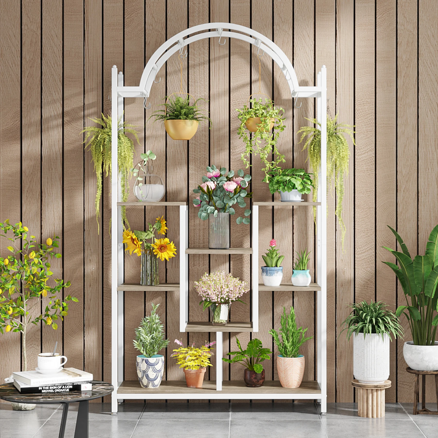 Tribesigns 5-Tier Tall Indoor Plant Stand, 74.8'' Arched Metal Flower Shelf with Hanging Hooks, Large Bonsai Pots Display Rack