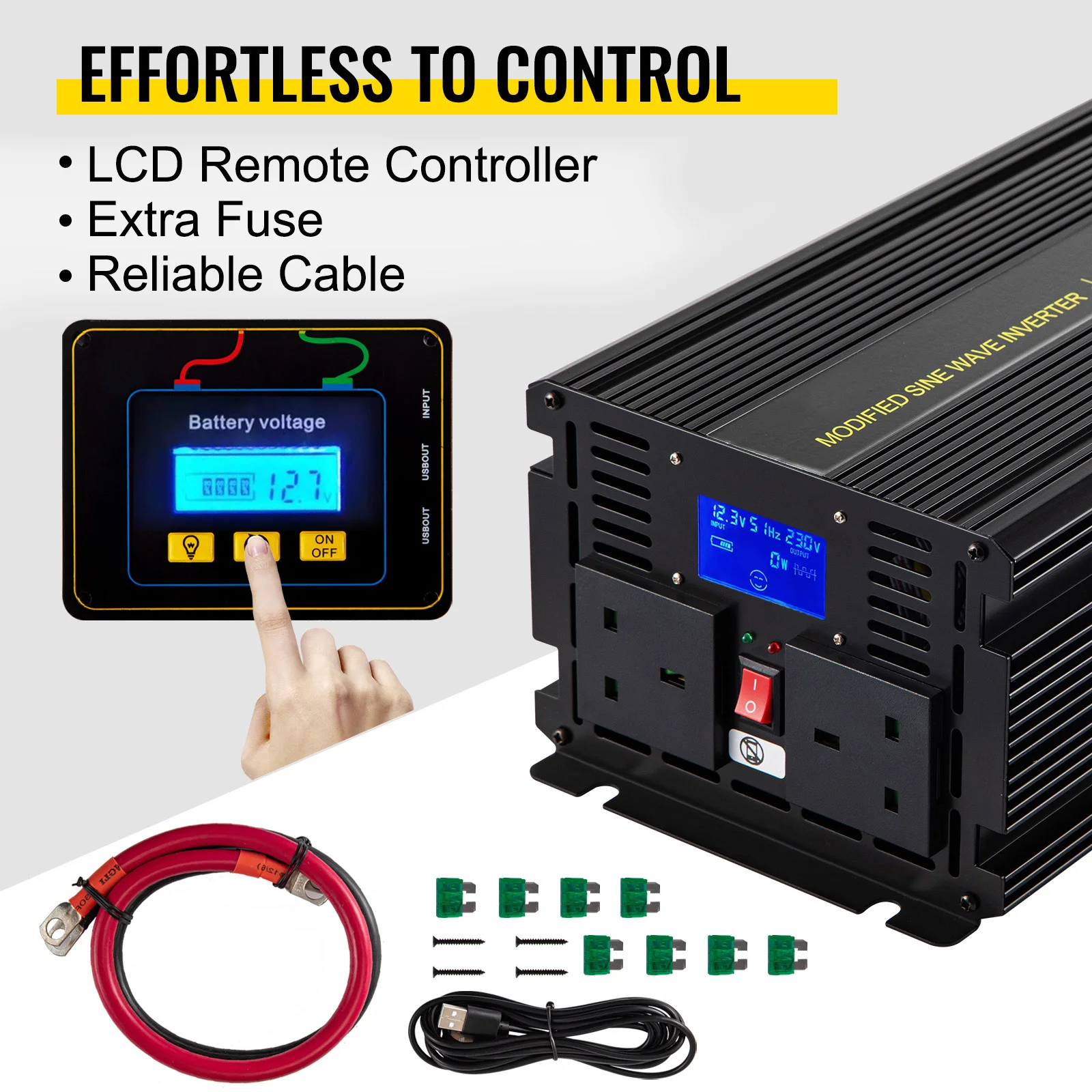 SucceBuy Modified Sine Wave Inverter DC 12V - AC 240V / DC 24V - AC 240V Aluminum Alloy LCD Screen & LED Indicators for Powering
