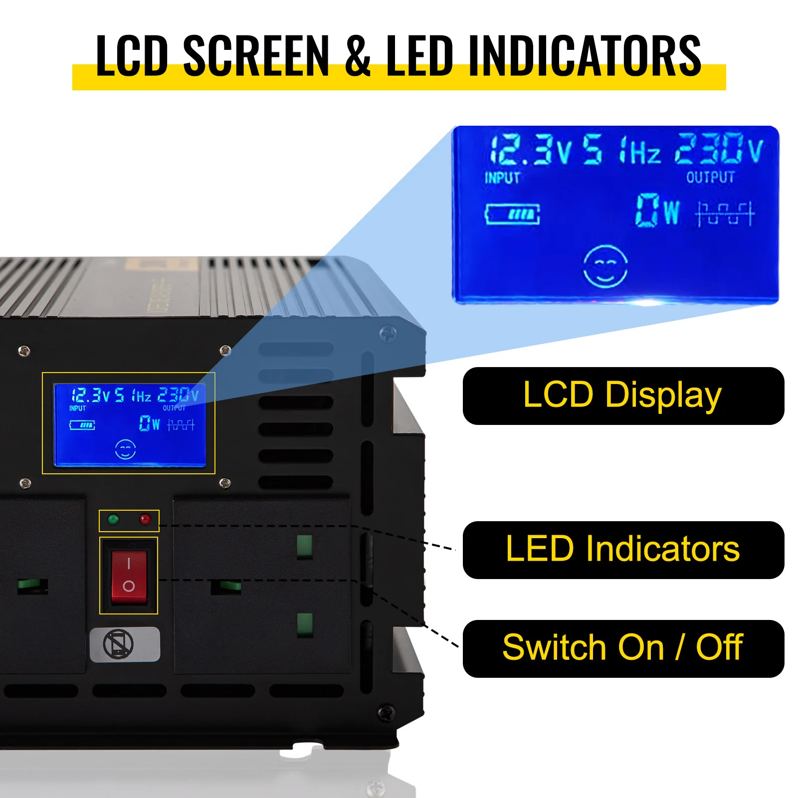 SucceBuy Modified Sine Wave Inverter DC 12V - AC 240V / DC 24V - AC 240V Aluminum Alloy LCD Screen & LED Indicators for Powering