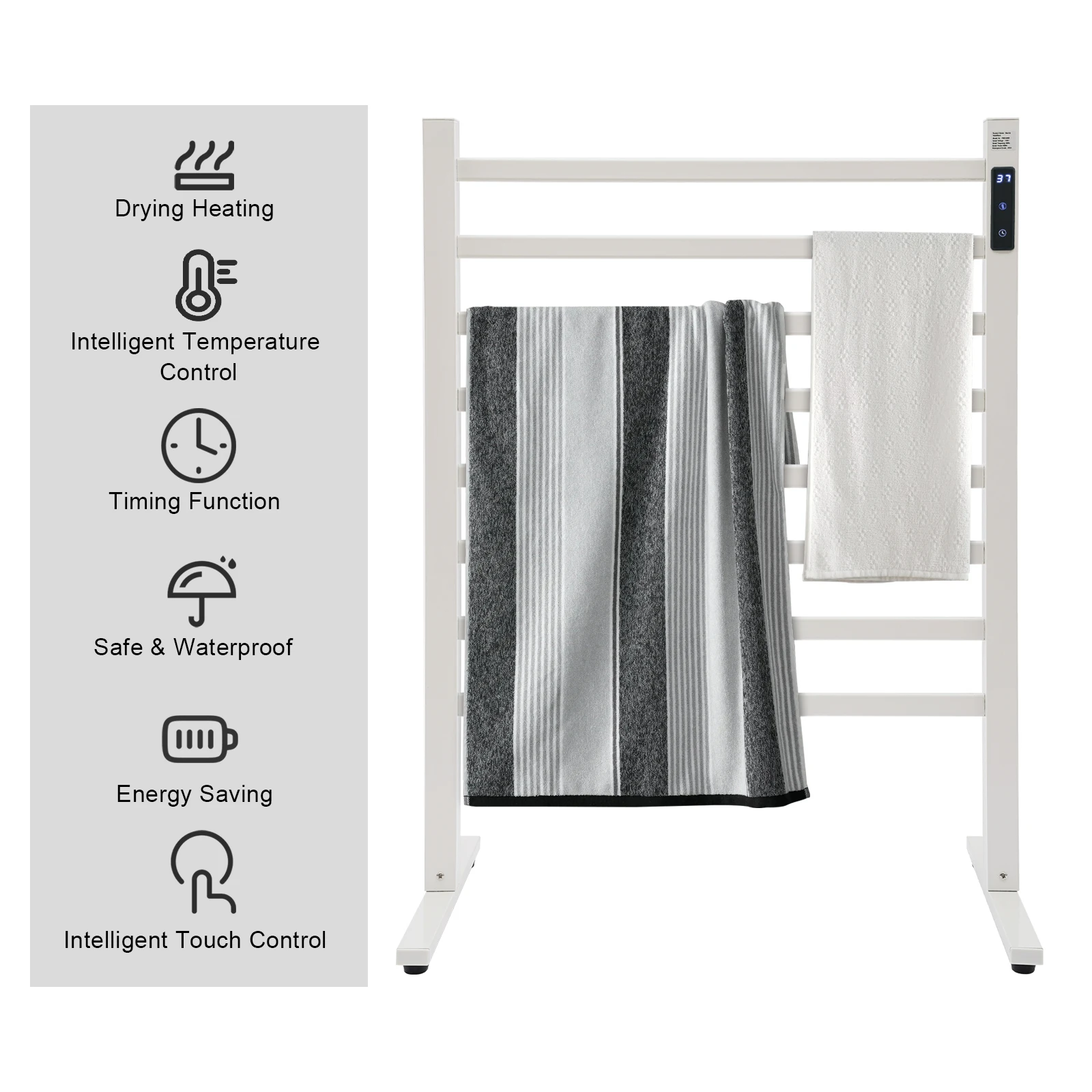 180W Bathroom Electric Towel Warmer Rack 45-65℃ Thermostatic Heating Rack Touch Digital Display Freestanding Heated Towel Bar