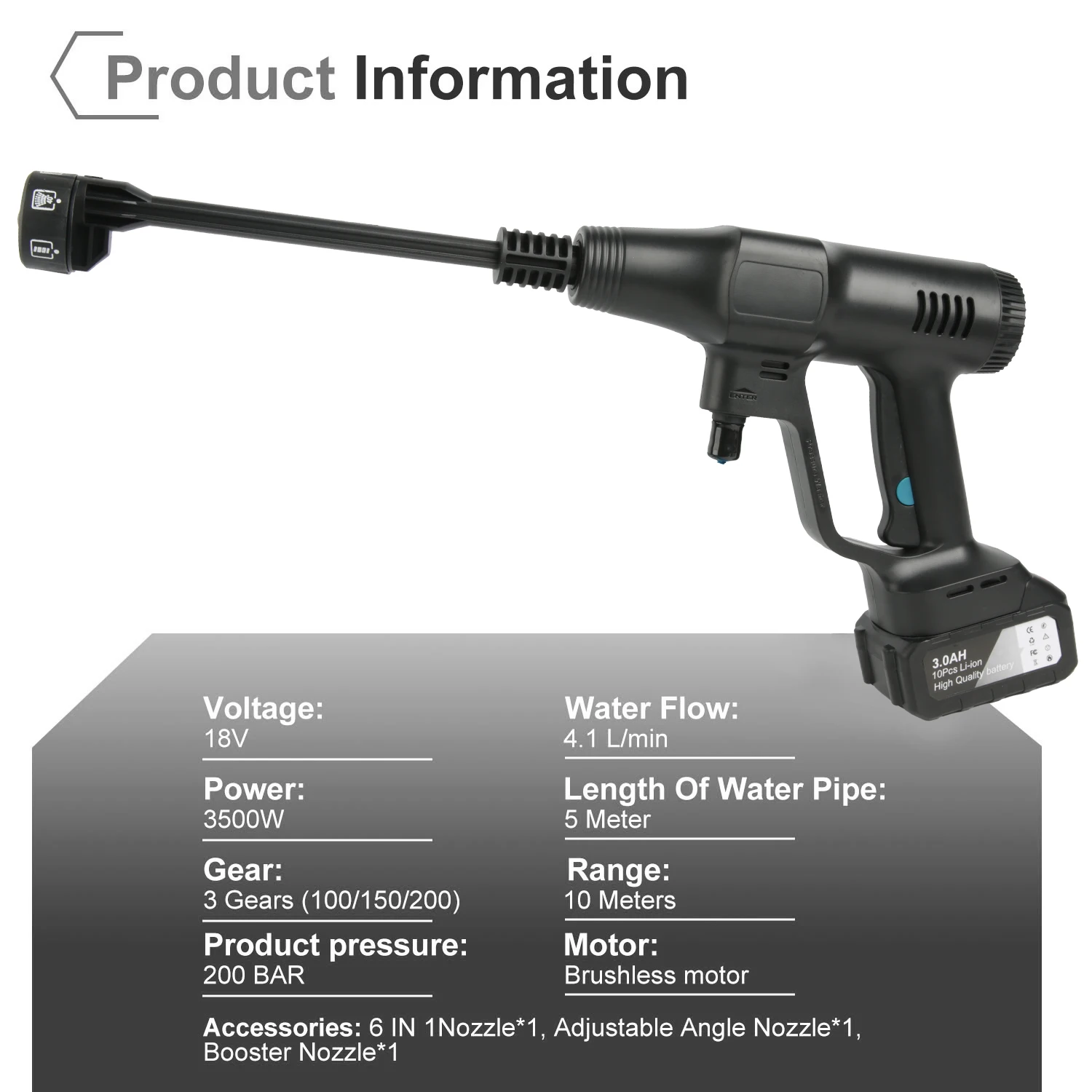 200bar Brushless High Pressure Car Wash Water Gun 6 IN 1 Washing Garden Washing Spray Gun For Car Lawn Pool Floors
