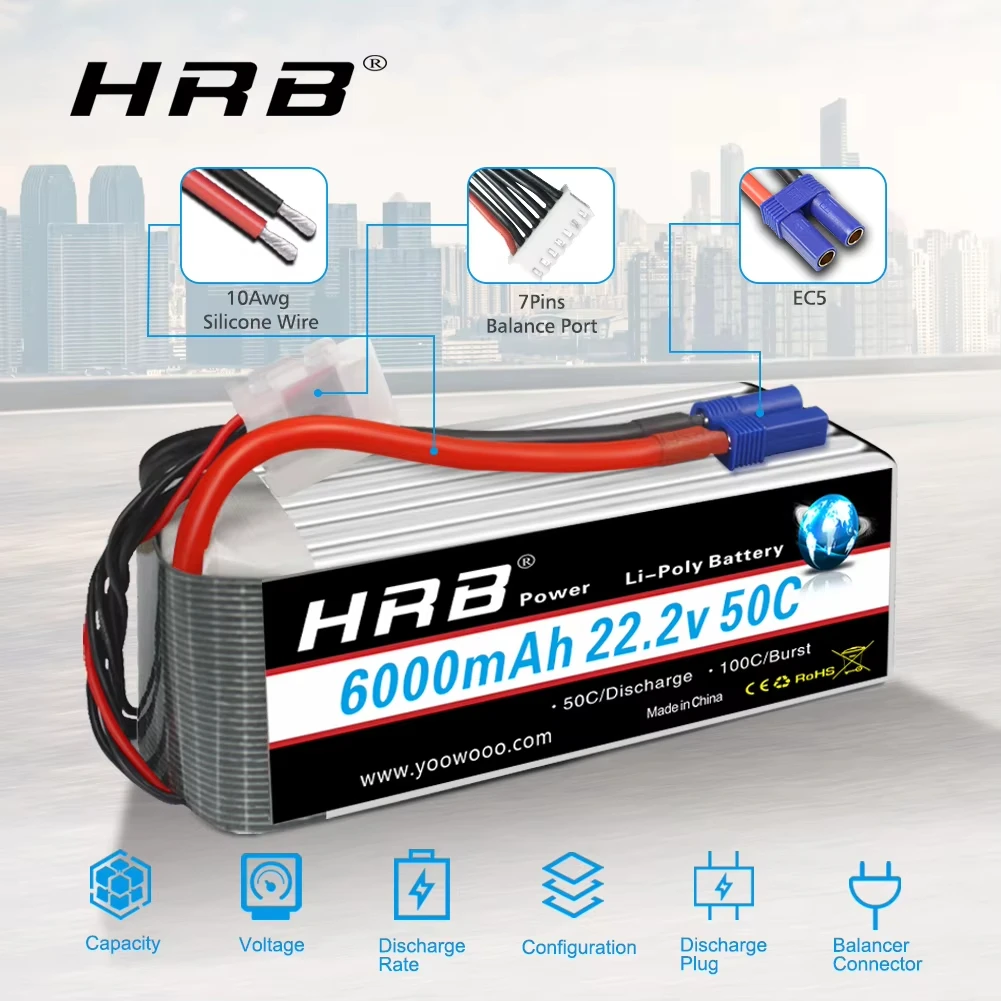 HRB Lipo Battery 6S 6000mah XT60 XT90 EC5 50C 22.2V RC Lipo Battery for Quadcopter Airplane Car Truck 500 600 Helicopter