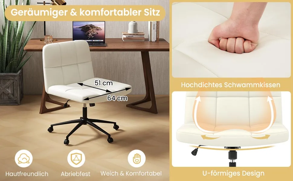 Office chair without armrests, desk chair with wide seat, computer chair with roller & rocking function, swivel chair