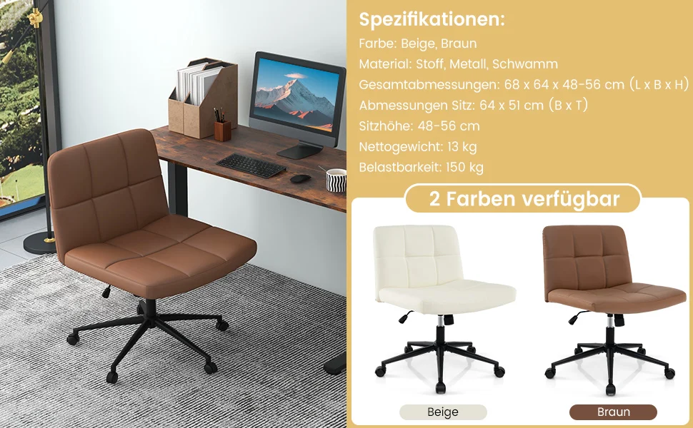 Office chair without armrests, desk chair with wide seat, computer chair with roller & rocking function, swivel chair