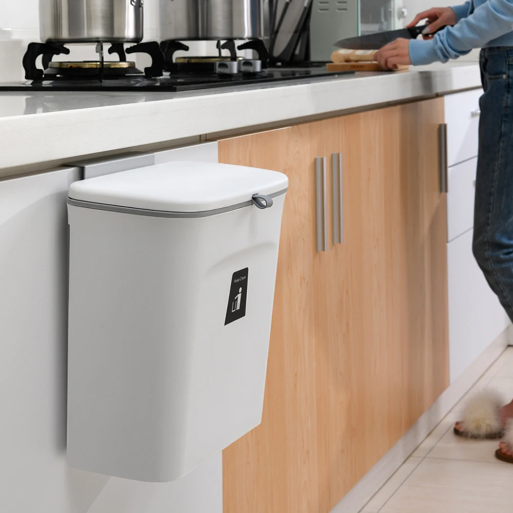 9L Hanging Trash Can Sliding Lid Trash Can Wall-mounted Garbage Basket Cabinet Dustbin for Home Kitchen Bedroom