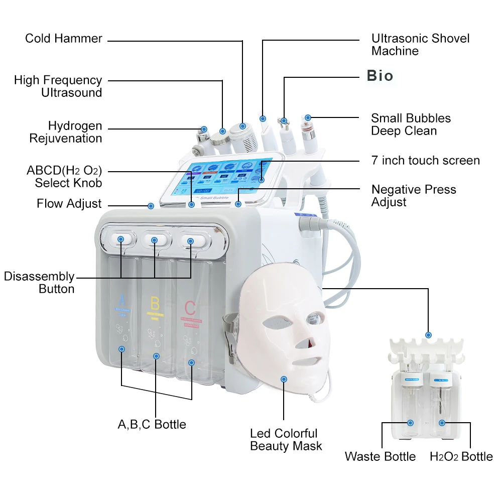 AOKO 6/7 In1 H2-O2 Hydro Dermabrasion Hydrogen dermabrasion Bio-lifting Spa Facial Ance Pore Cleaner Facial Bubble Machine