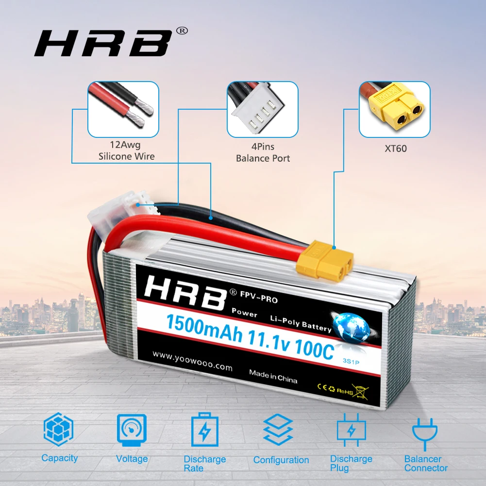 1/2PCS HRB 3S 1500mah Lipo Battery 11.1v RC Lipo 100C With XT60 Connector for UAU Airplane FPV Drones helicopter RC Car Truck