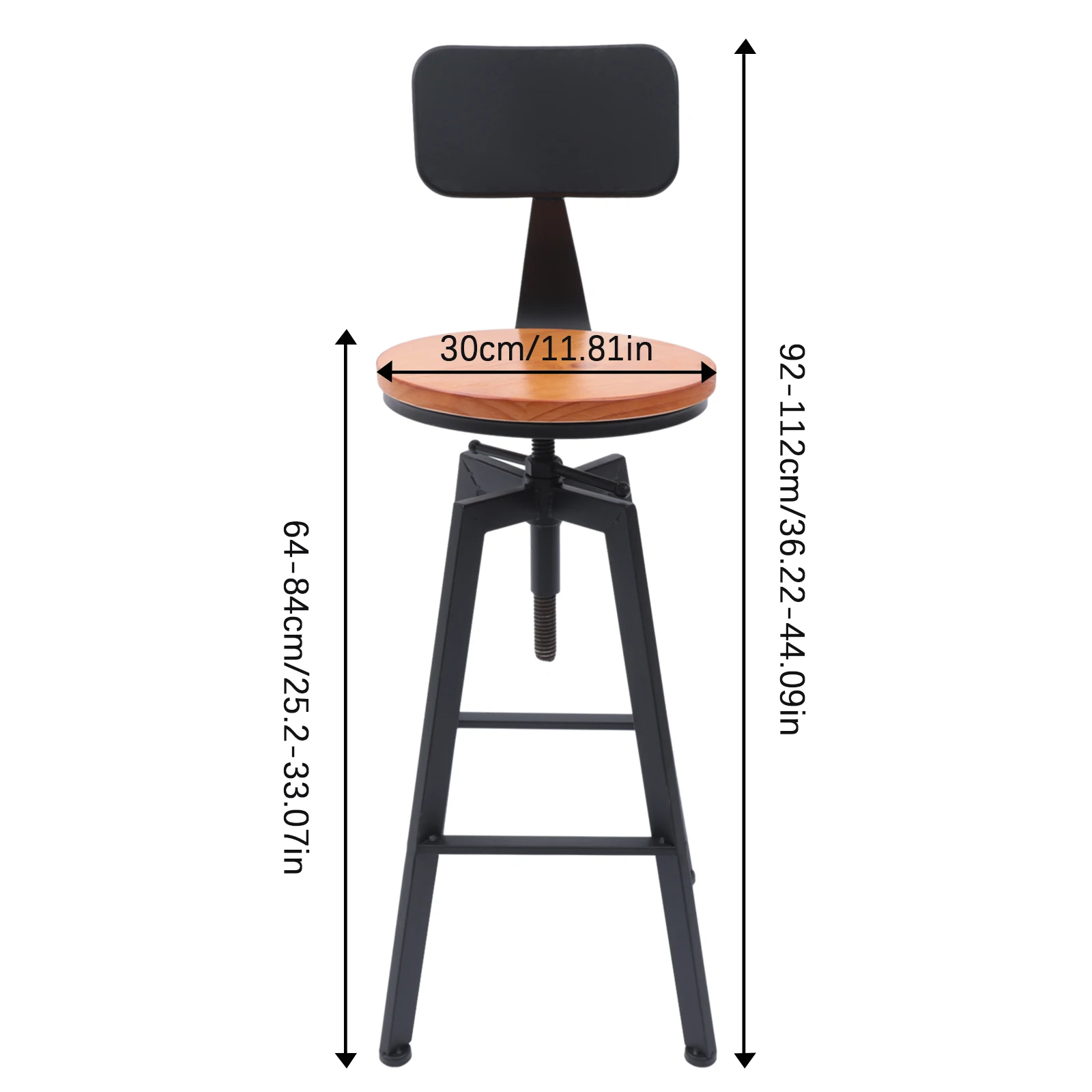 Set of 2 Bar Stools Kitchen Chairs Industrial Design Wood and Metal Adjustable Height: 64-84 Cm