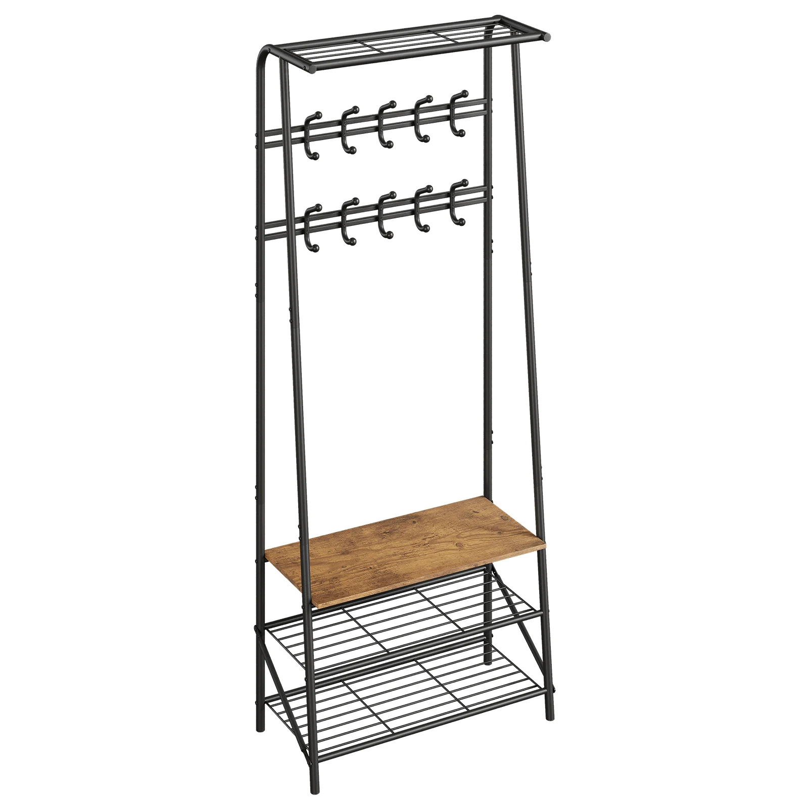 Stable Coat Rack with Shoe Bench, 3 Shelves and 10 Hooks, 4 in 1 Design, Metal, Hallway, Entryway, Living Room 64 x 30 x 180 cm