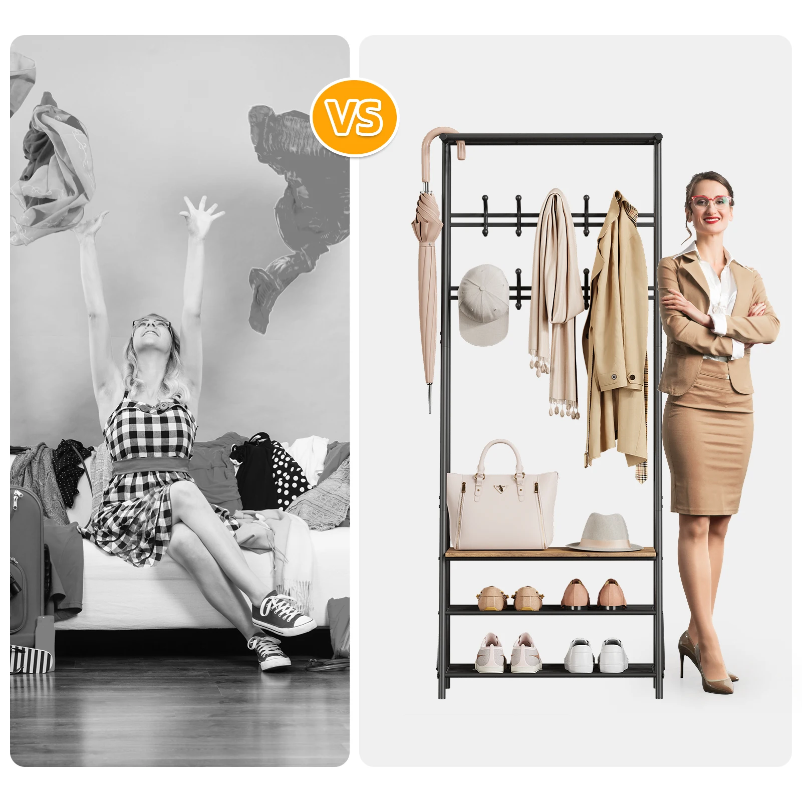 Stable Coat Rack with Shoe Bench, 3 Shelves and 10 Hooks, 4 in 1 Design, Metal, Hallway, Entryway, Living Room 64 x 30 x 180 cm