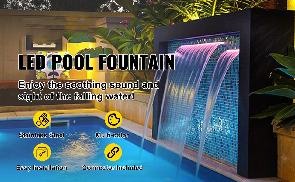 SucceBuy Pool Fountain Stainless Steel Pool Waterfall 23.6" x 4.5" x 3.1"(W x D x H) with LED Strip Light  Waterfall Spillway