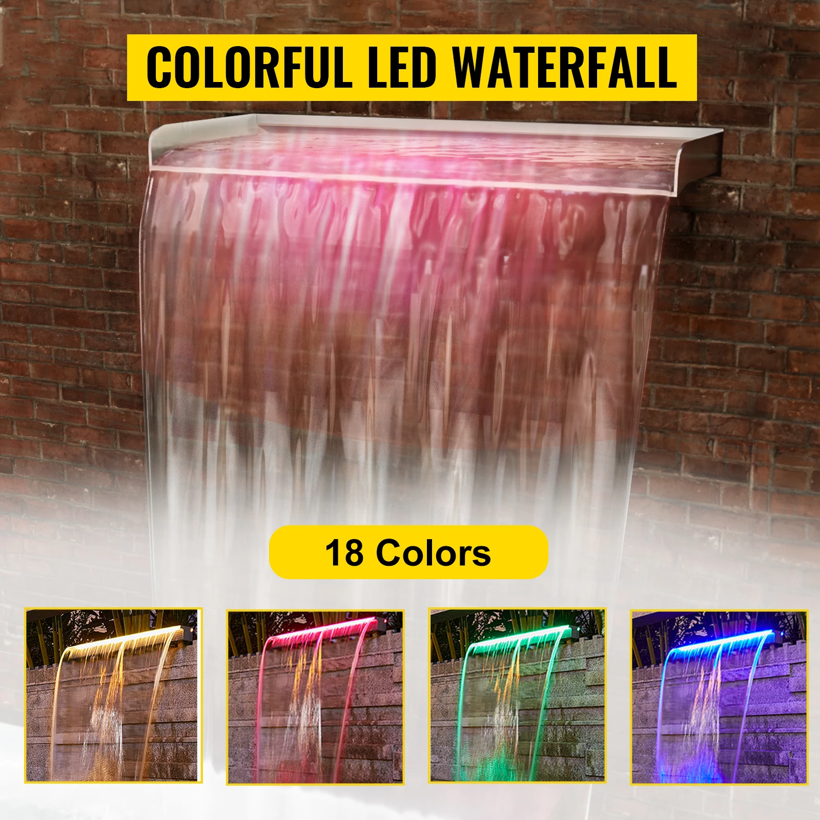 SucceBuy Pool Fountain Stainless Steel Pool Waterfall 23.6" x 4.5" x 3.1"(W x D x H) with LED Strip Light  Waterfall Spillway