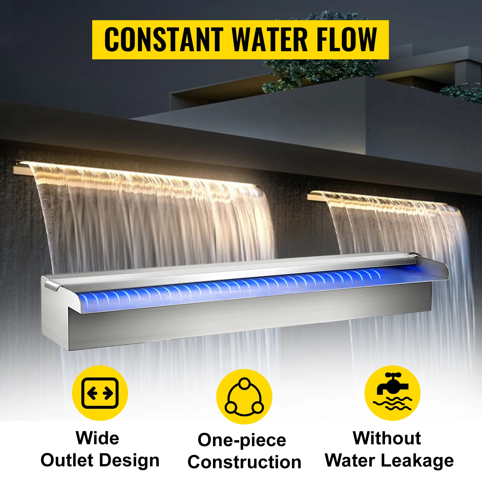 SucceBuy Pool Fountain Stainless Steel Pool Waterfall 23.6" x 4.5" x 3.1"(W x D x H) with LED Strip Light  Waterfall Spillway