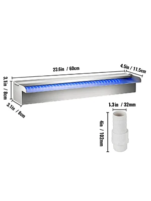 SucceBuy Pool Fountain Stainless Steel Pool Waterfall 23.6" x 4.5" x 3.1"(W x D x H) with LED Strip Light  Waterfall Spillway