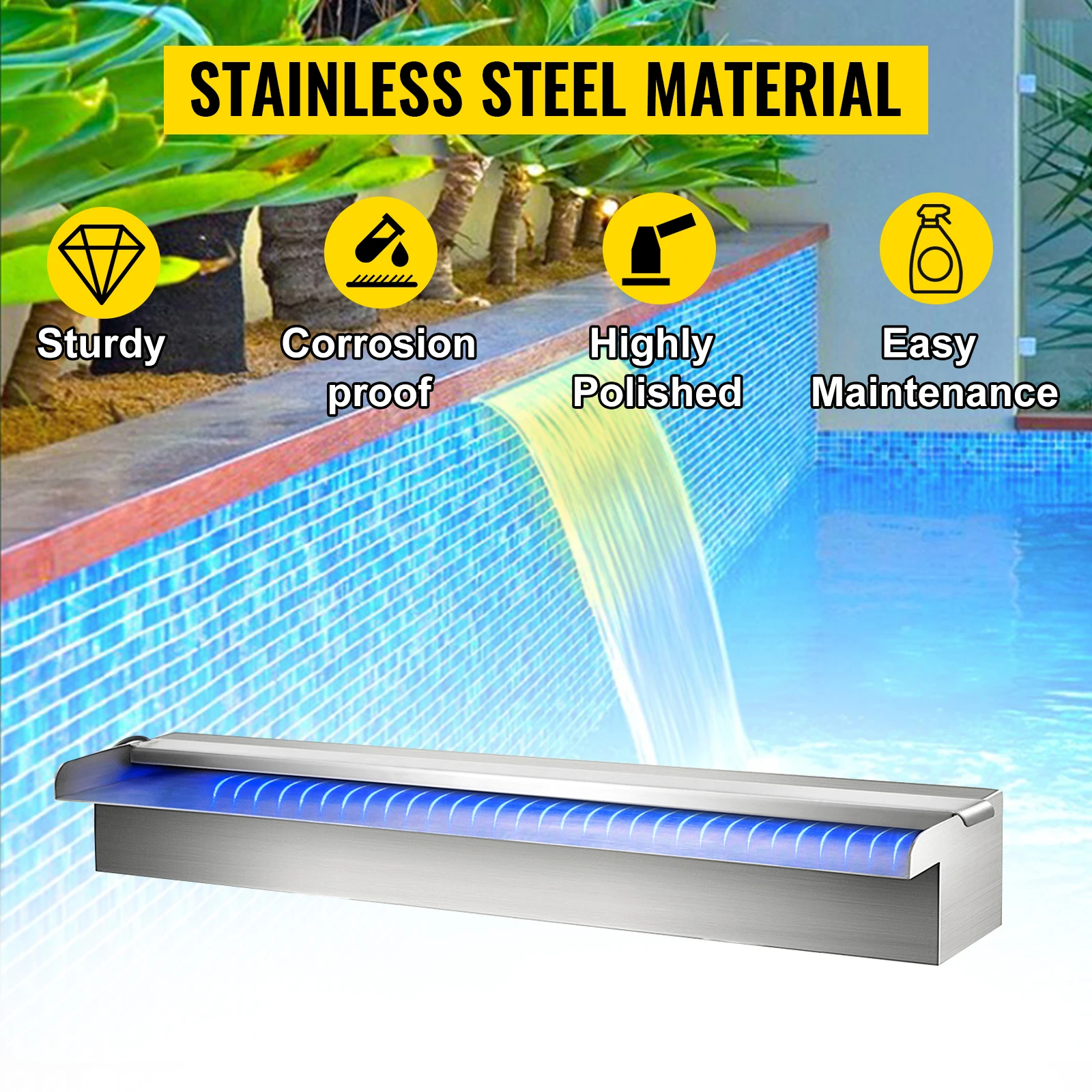 SucceBuy Pool Fountain Stainless Steel Pool Waterfall 23.6" x 4.5" x 3.1"(W x D x H) with LED Strip Light  Waterfall Spillway