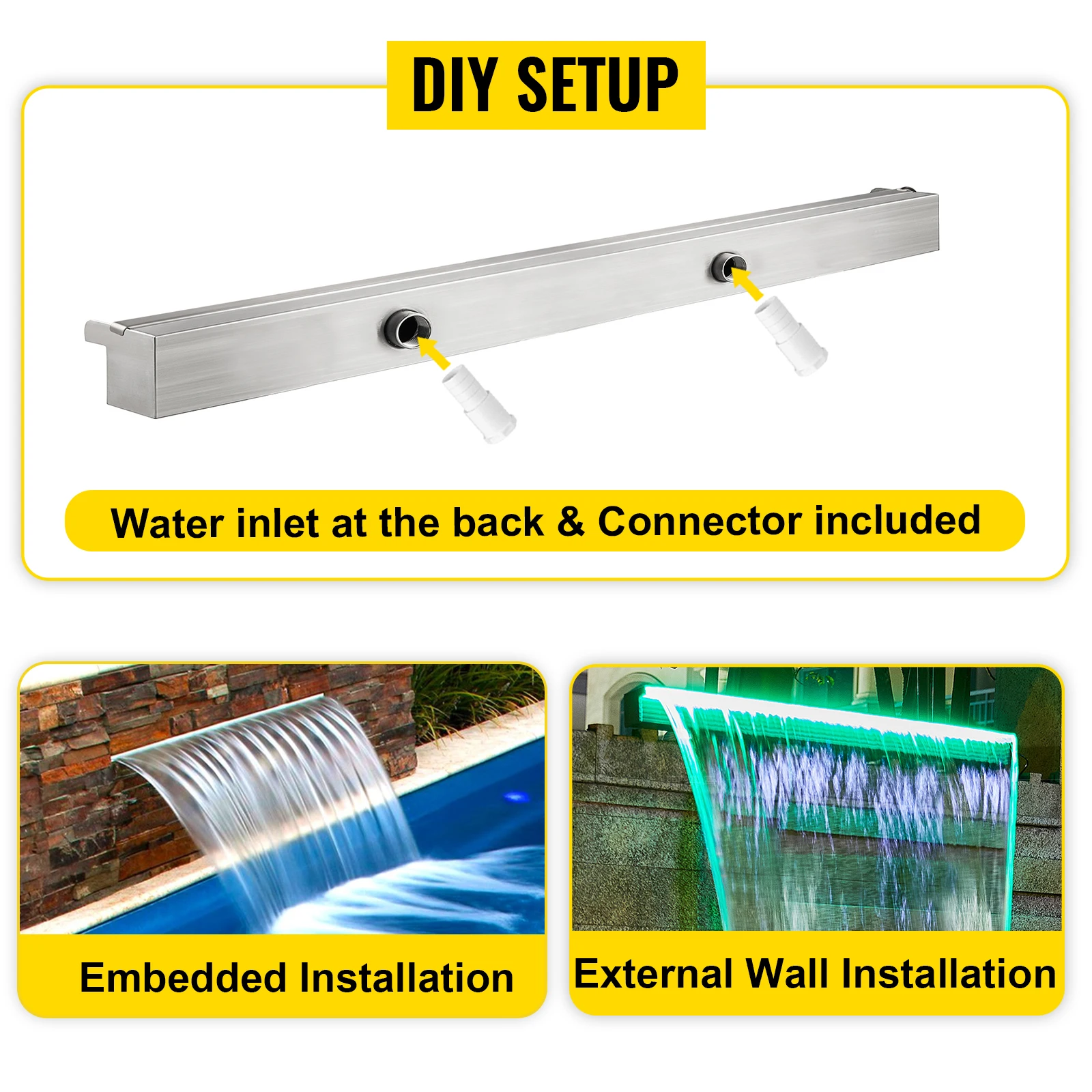 SucceBuy Pool Fountain Stainless Steel Pool Waterfall 23.6" x 4.5" x 3.1"(W x D x H) with LED Strip Light  Waterfall Spillway