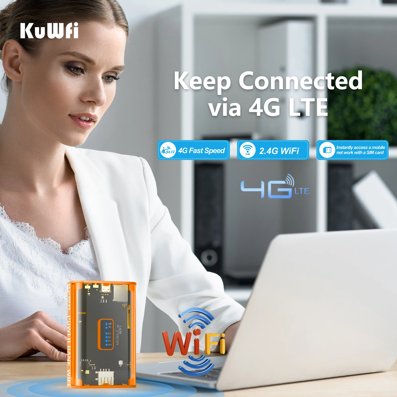 KuWFi 5200mAh 4G Mobile Router 150Mbps Potteble Travel Modem  2.4G Wireless Wi-Fi USB Output TypeC Charging Nano SIM Card Slot