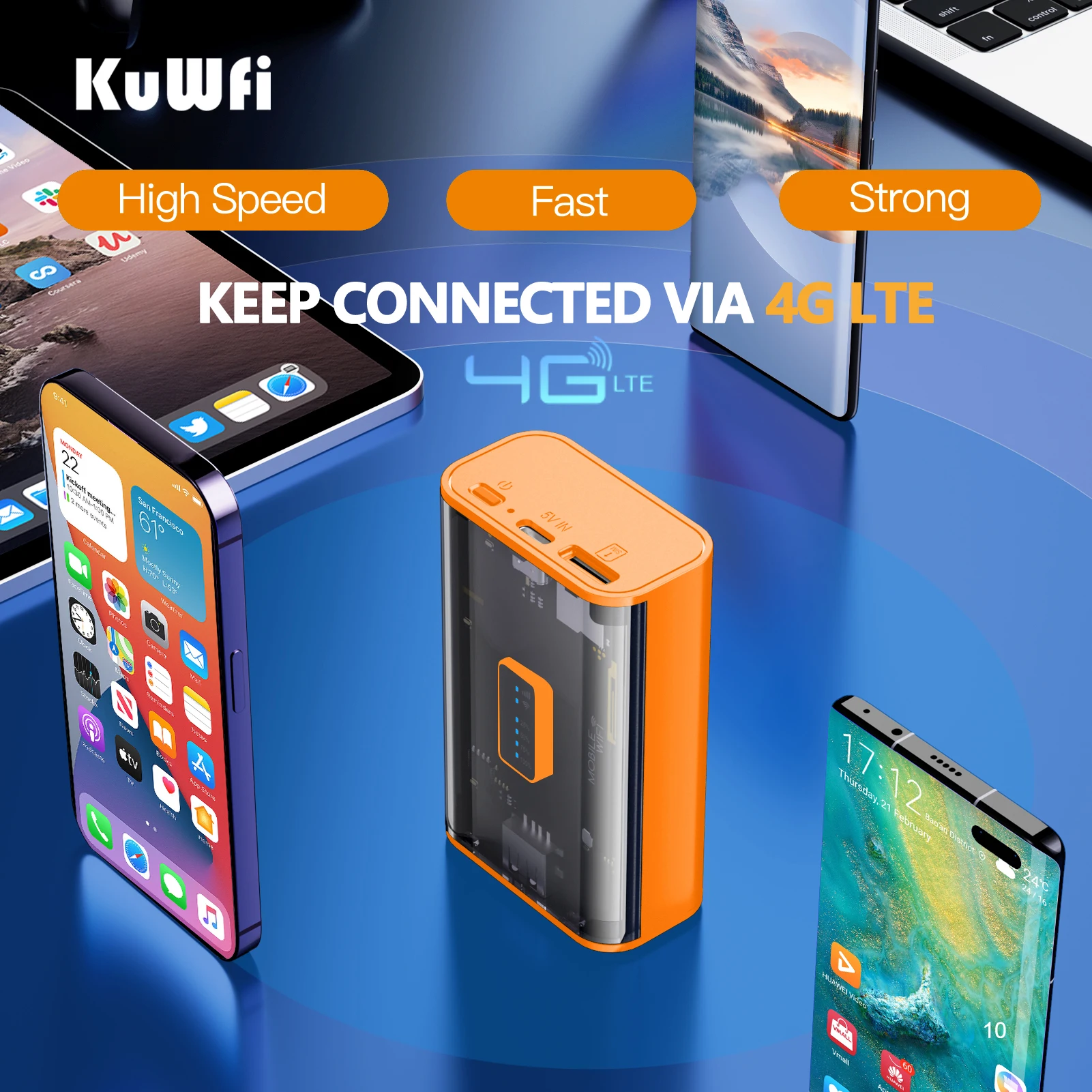KuWFi 5200mAh 4G Mobile Router 150Mbps Potteble Travel Modem  2.4G Wireless Wi-Fi USB Output TypeC Charging Nano SIM Card Slot