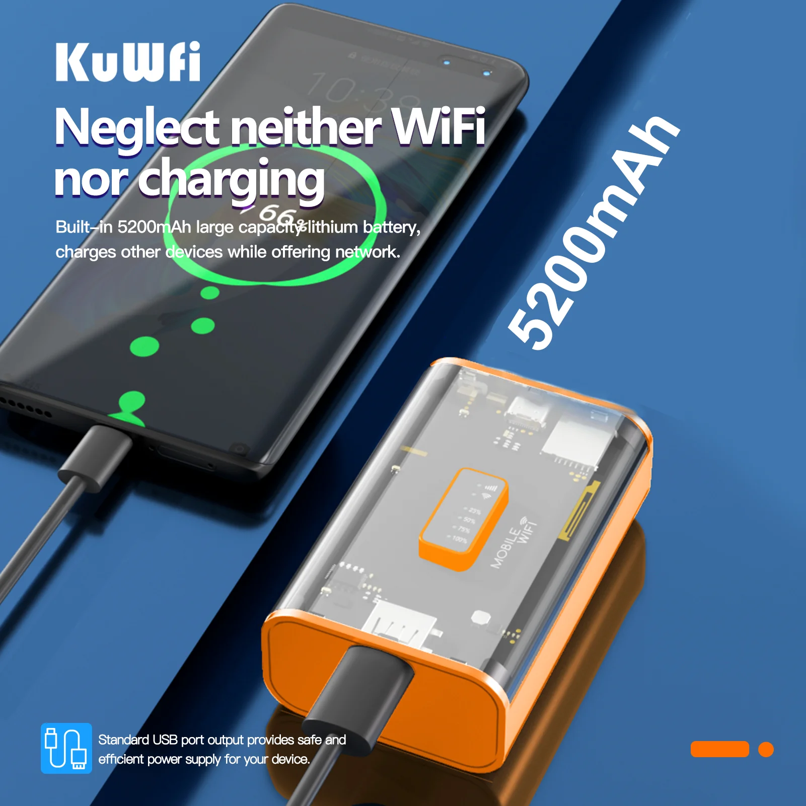 KuWFi 5200mAh 4G Mobile Router 150Mbps Potteble Travel Modem  2.4G Wireless Wi-Fi USB Output TypeC Charging Nano SIM Card Slot