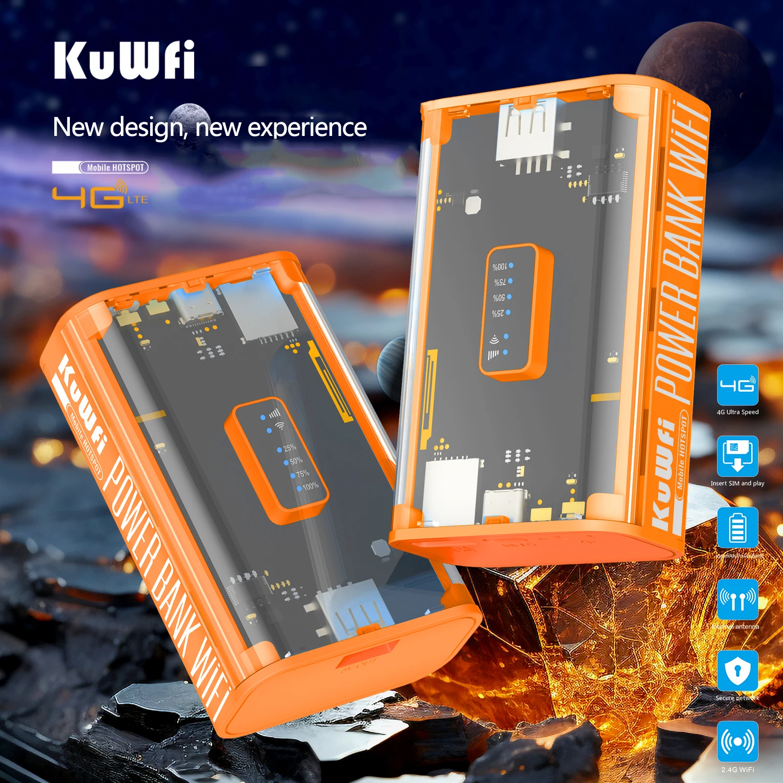 KuWFi 5200mAh 4G Mobile Router 150Mbps Potteble Travel Modem  2.4G Wireless Wi-Fi USB Output TypeC Charging Nano SIM Card Slot